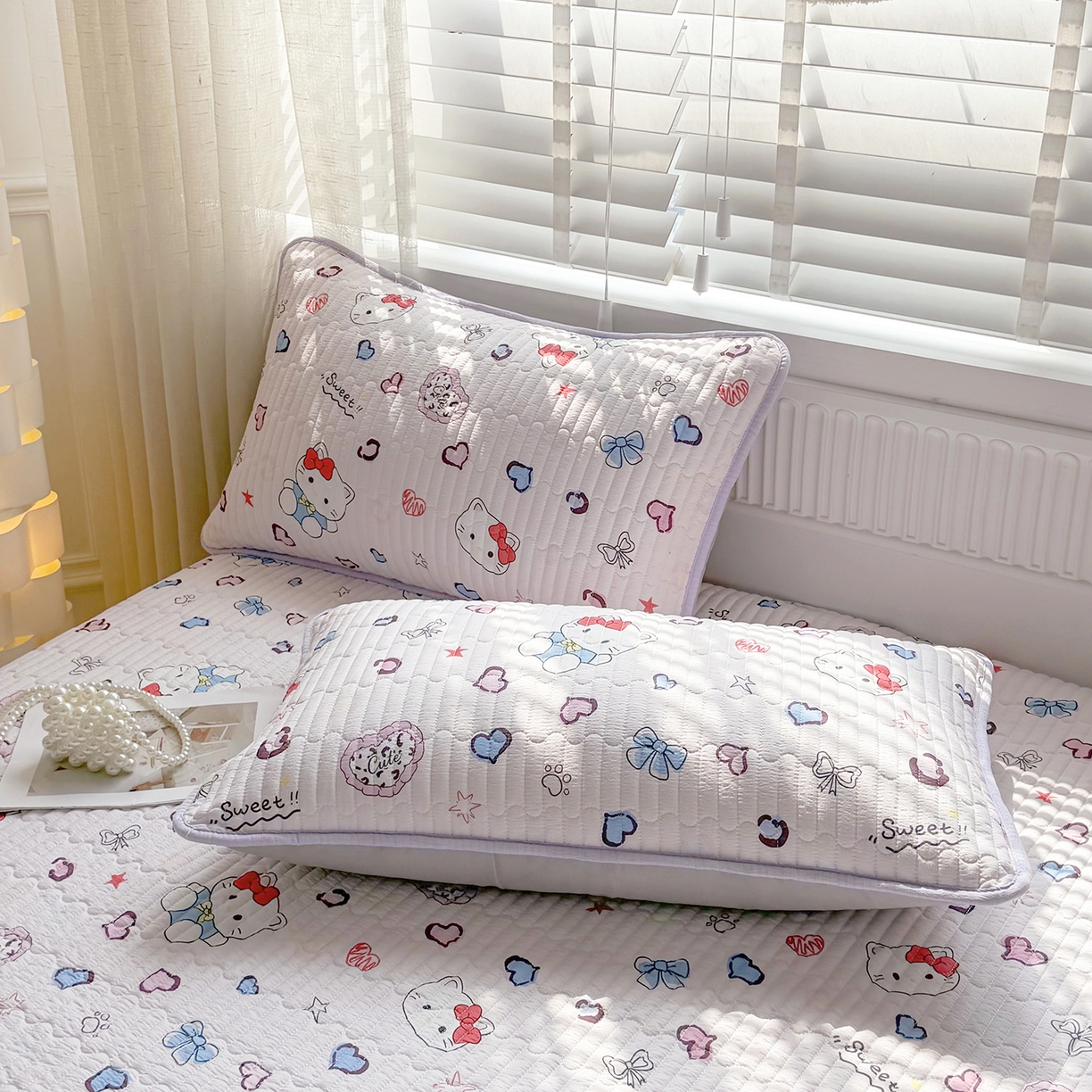91家纺网 家纺一手货源 找家纺 悠米悠家 2026春夏新款木棉双层纱单床盖 床盖单件 甜心Kitty日记