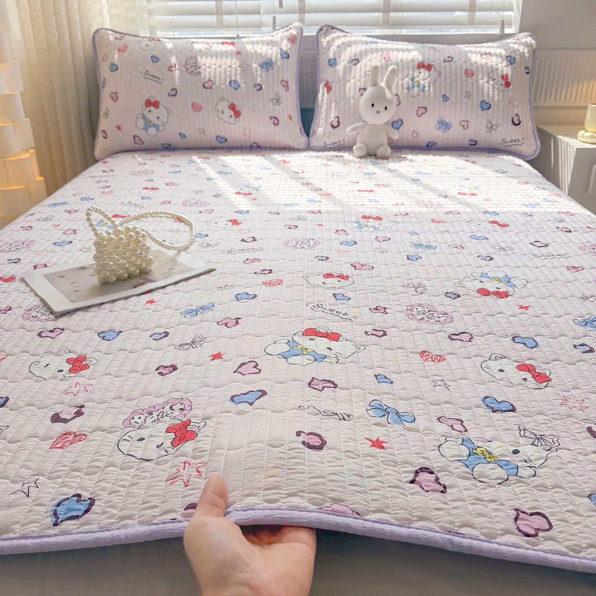 91家纺网 家纺一手货源 找家纺 悠米悠家 2026春夏新款木棉双层纱单床盖 床盖单件 甜心Kitty日记