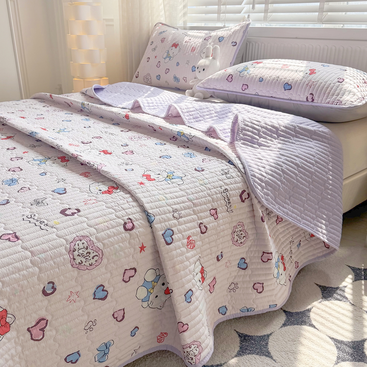 91家纺网 家纺一手货源 找家纺 悠米悠家 2026春夏新款木棉双层纱单床盖 床盖单件 甜心Kitty日记