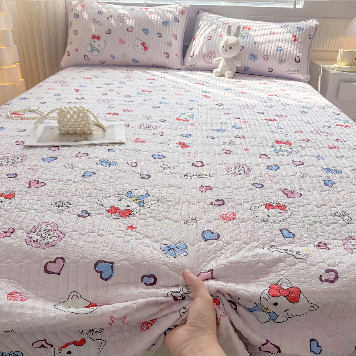 91家纺网 家纺一手货源 找家纺 悠米悠家 2026春夏新款木棉双层纱单床盖 床盖单件 甜心Kitty日记
