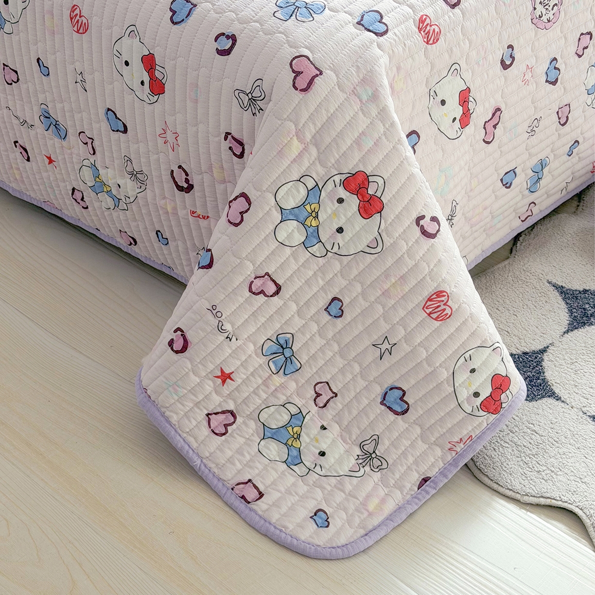 91家纺网 家纺一手货源 找家纺 悠米悠家 2026春夏新款木棉双层纱单床盖 床盖单件 甜心Kitty日记