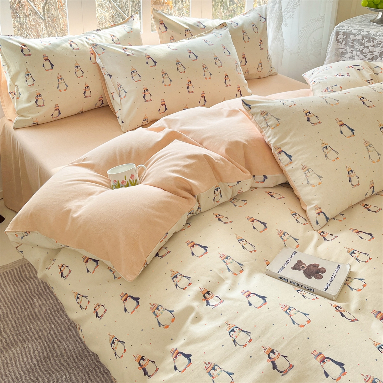 91家纺网 家纺一手货源 找家纺 名兮家居 2026新款A类全棉棉麻四件套 企鹅派对