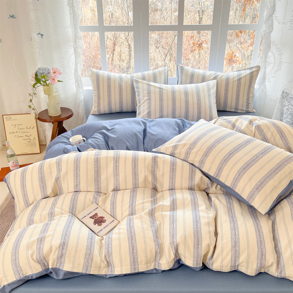 91家纺网 家纺一手货源 找家纺 名兮家居 2026新款A类全棉棉麻四件套 蓝调