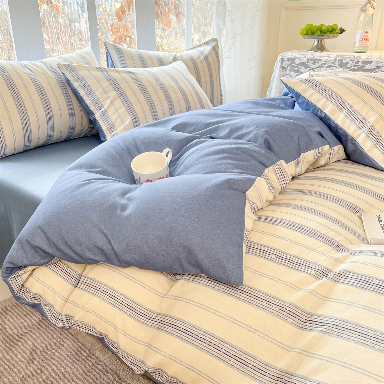 91家纺网 家纺一手货源 找家纺 名兮家居 2026新款A类全棉棉麻四件套 蓝调