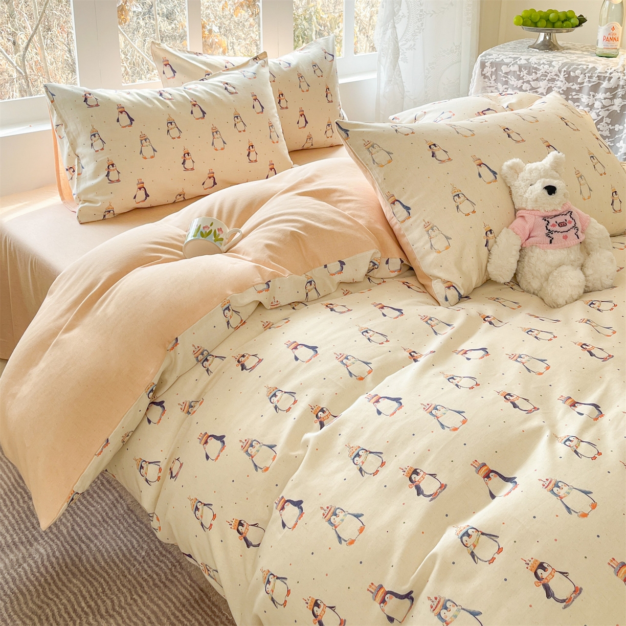 91家纺网 家纺一手货源 找家纺 名兮家居 2026新款A类全棉棉麻四件套 企鹅派对