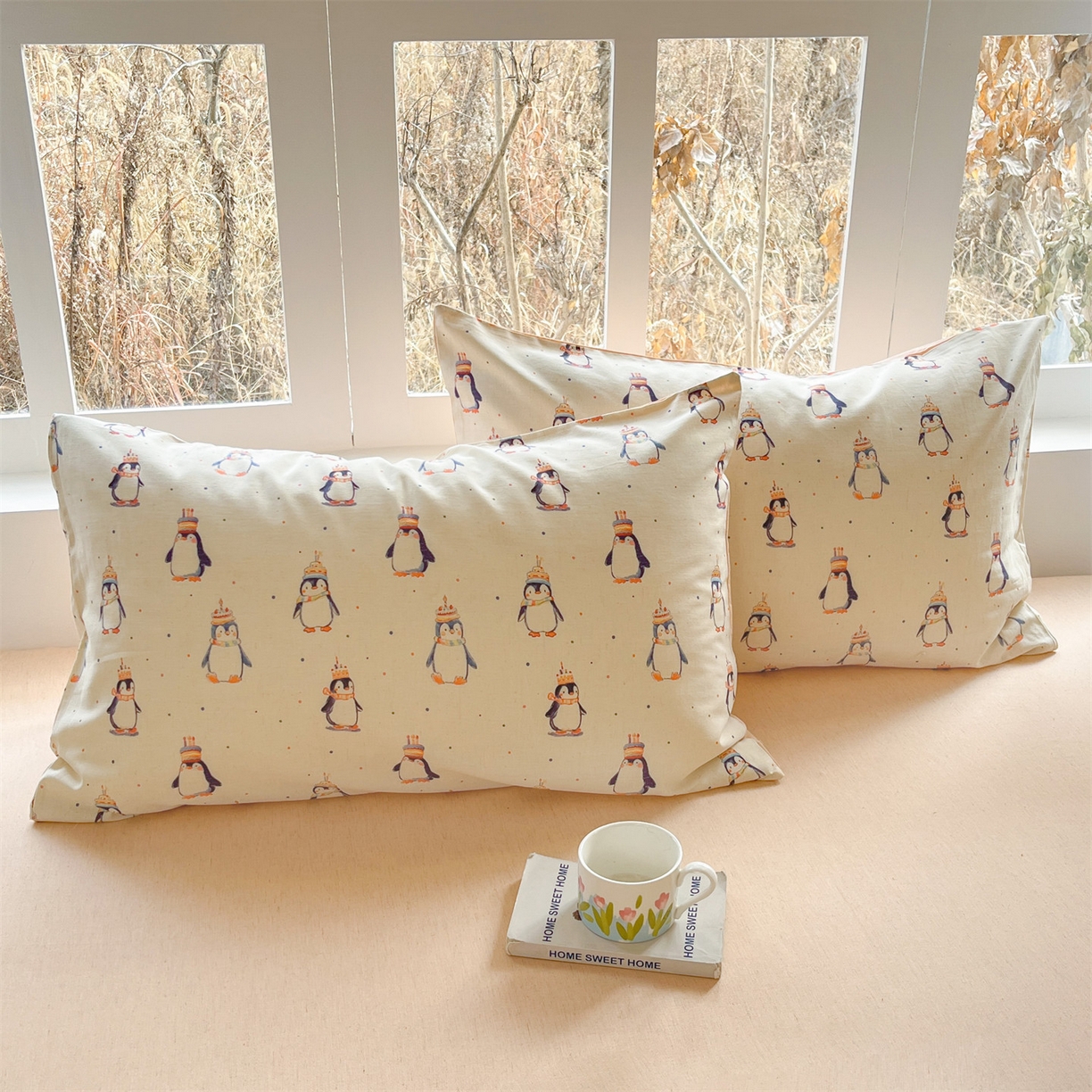 91家纺网 家纺一手货源 找家纺 名兮家居 2026新款A类全棉棉麻四件套 企鹅派对