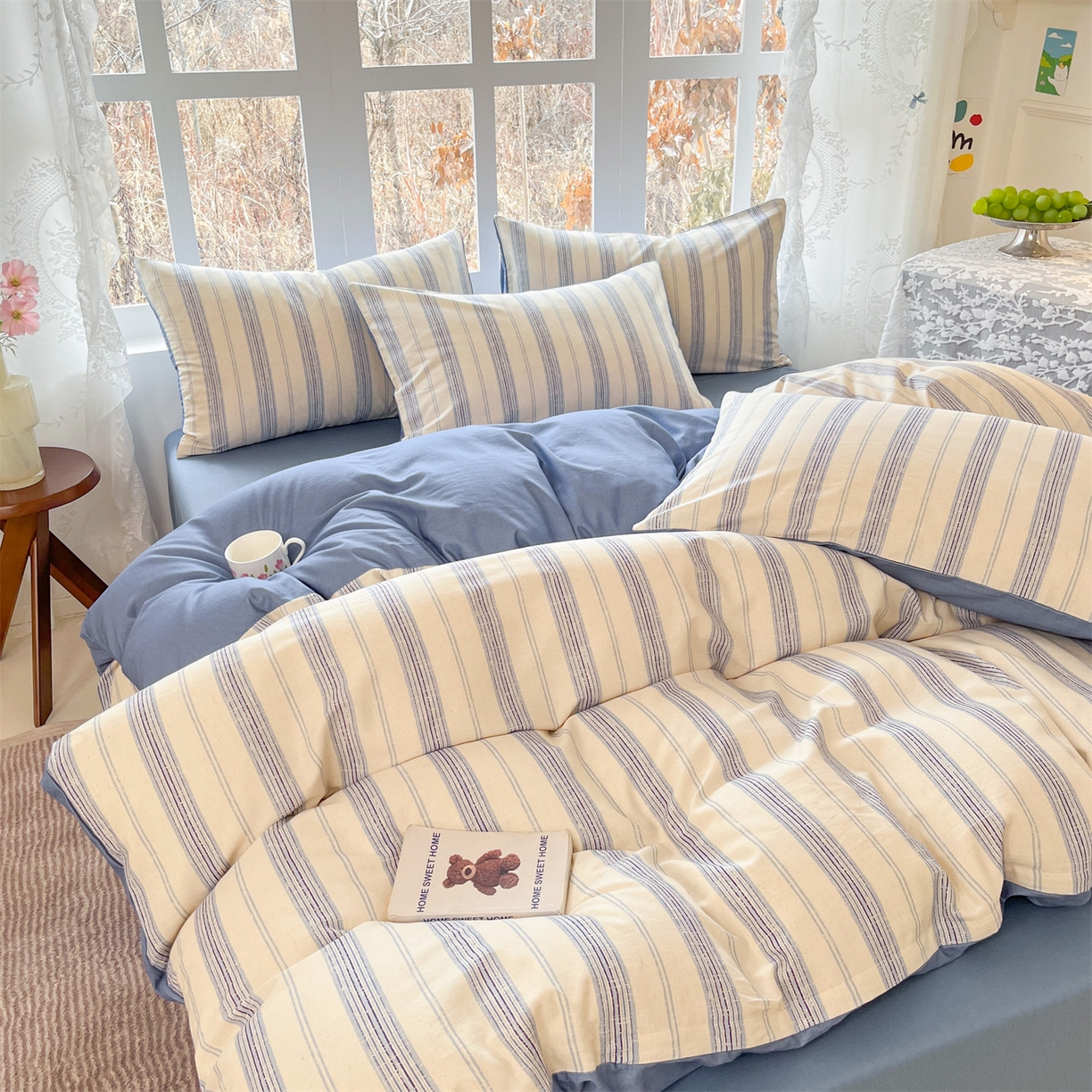 91家纺网 家纺一手货源 找家纺 名兮家居 2026新款A类全棉棉麻四件套 蓝调