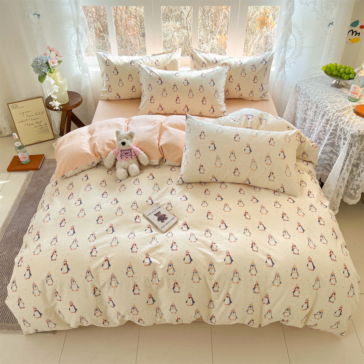 91家纺网 家纺一手货源 找家纺 名兮家居 2026新款A类全棉棉麻四件套 企鹅派对