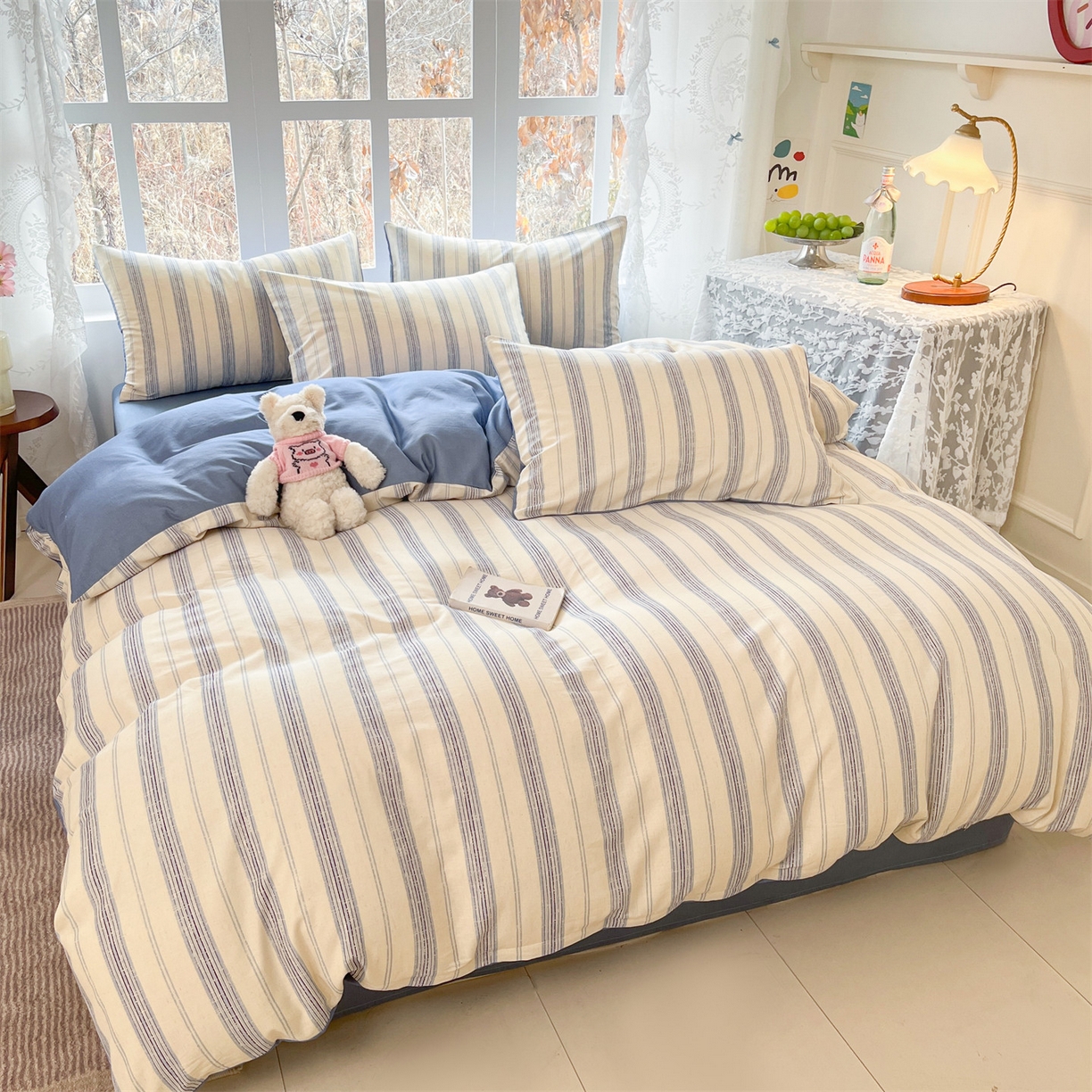 91家纺网 家纺一手货源 找家纺 名兮家居 2026新款A类全棉棉麻四件套 蓝调