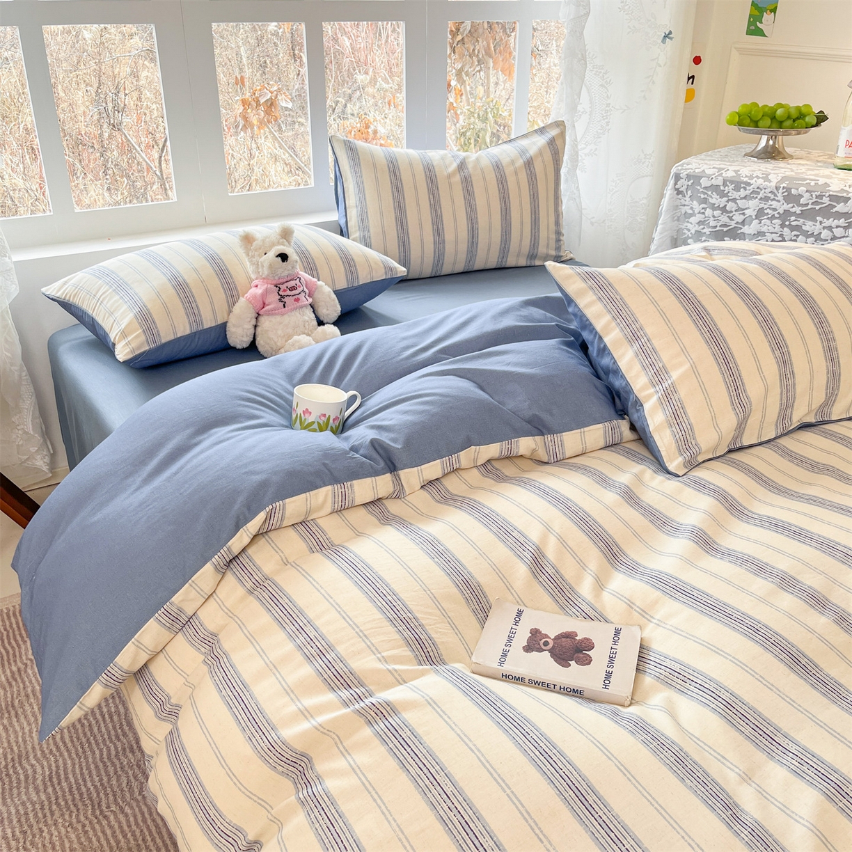 91家纺网 家纺一手货源 找家纺 名兮家居 2026新款A类全棉棉麻四件套 蓝调