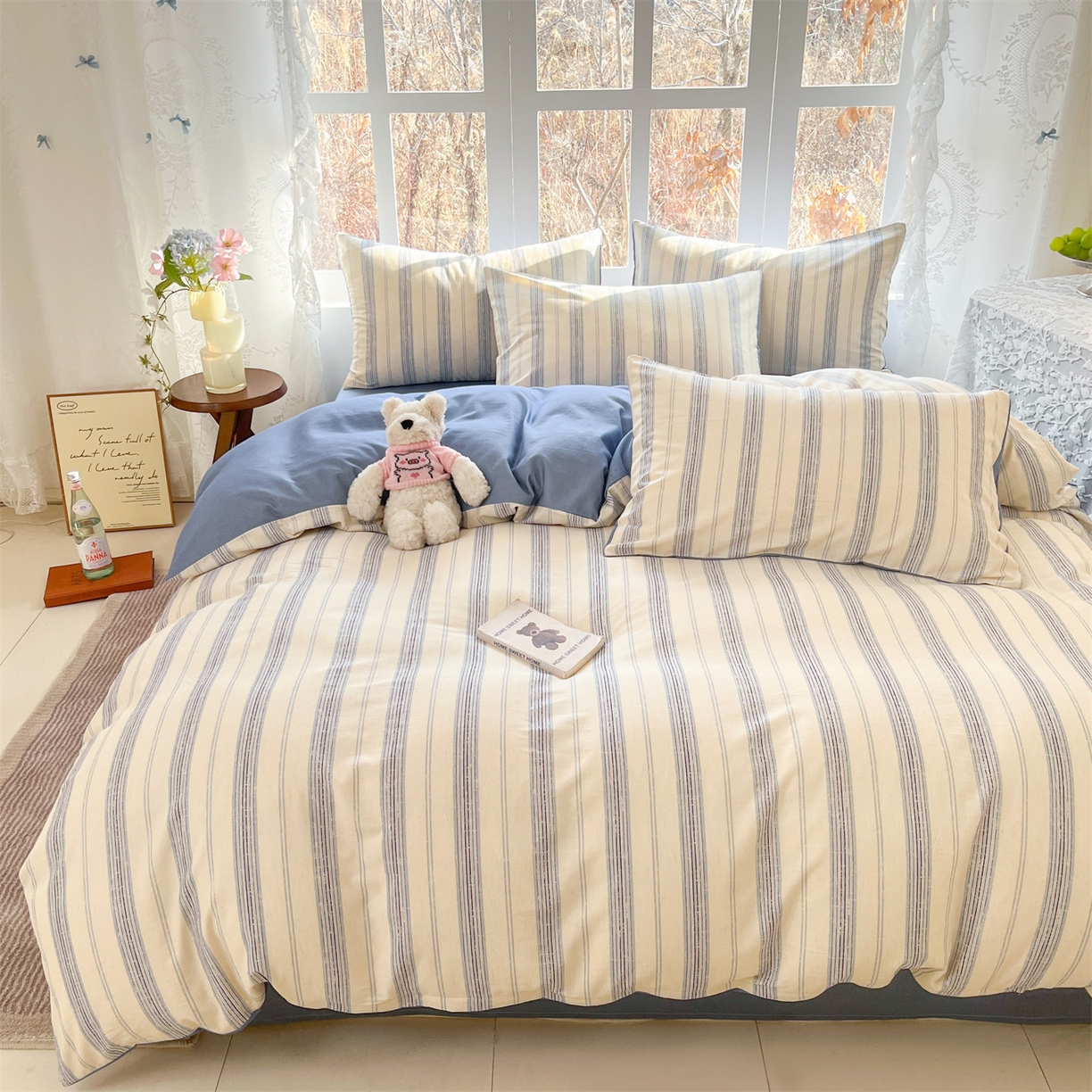 91家纺网 家纺一手货源 找家纺 名兮家居 2026新款A类全棉棉麻四件套 蓝调