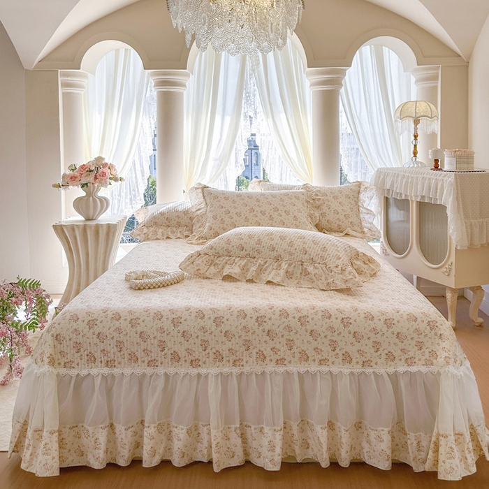 91家纺网 家纺一手货源 找家纺 （总）瑞宝 2025新款法式花边全棉贡缎提花床裙款四件套-梦之语（控价265起）