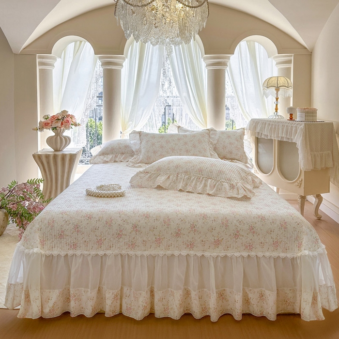 瑞宝 2026新款全棉法式田园风玻璃纱床盖三件套 半夏