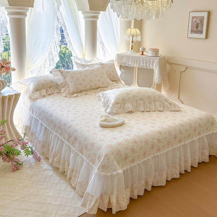 91家纺网 家纺一手货源 找家纺 瑞宝 2026新款全棉法式田园风玻璃纱床盖三件套 半夏