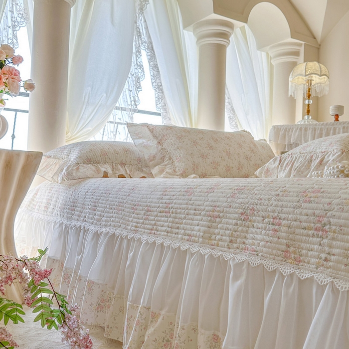 91家纺网 家纺一手货源 找家纺 瑞宝 2026新款全棉法式田园风玻璃纱床盖三件套 半夏