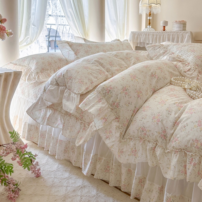 91家纺网 家纺一手货源 找家纺 瑞宝 2026新款全棉法式田园风玻璃纱床盖三件套 半夏