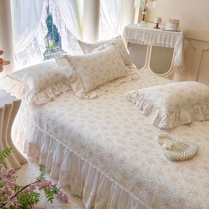 91家纺网 家纺一手货源 找家纺 瑞宝 2026新款全棉法式田园风玻璃纱床盖三件套 半夏