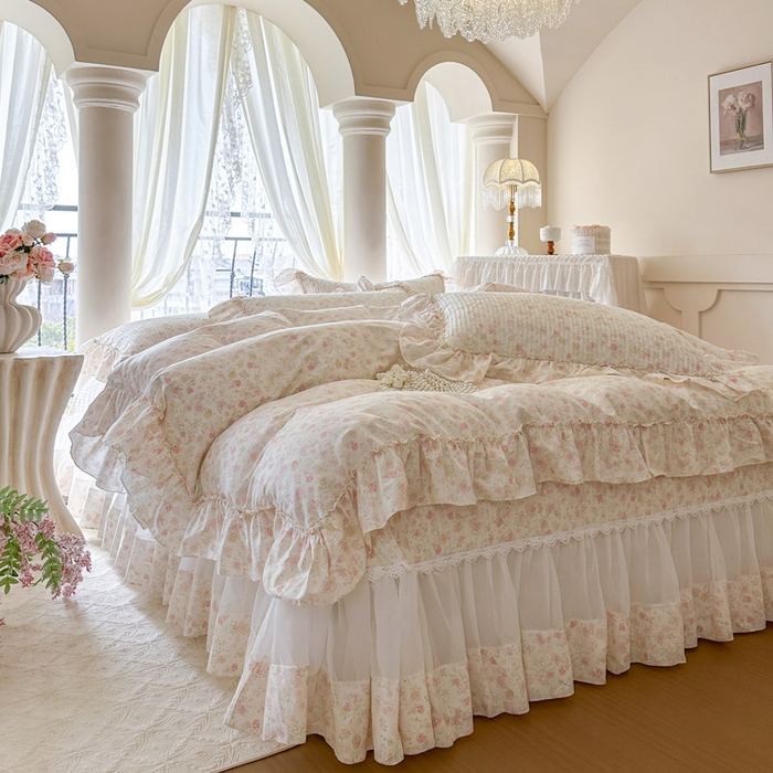 91家纺网 家纺一手货源 找家纺 瑞宝 2026新款全棉法式田园风玻璃纱床盖三件套 花境