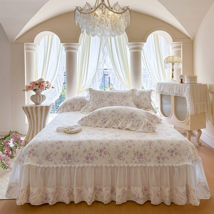 瑞宝 2026新款全棉法式田园风玻璃纱床盖三件套 樱洛