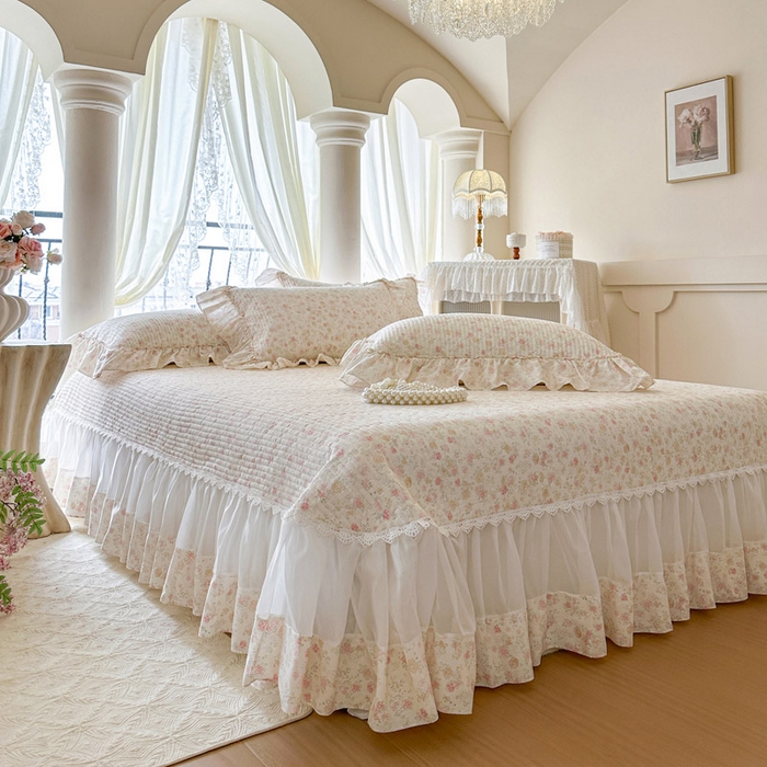 91家纺网 家纺一手货源 找家纺 瑞宝 2026新款全棉法式田园风玻璃纱床盖三件套 花境