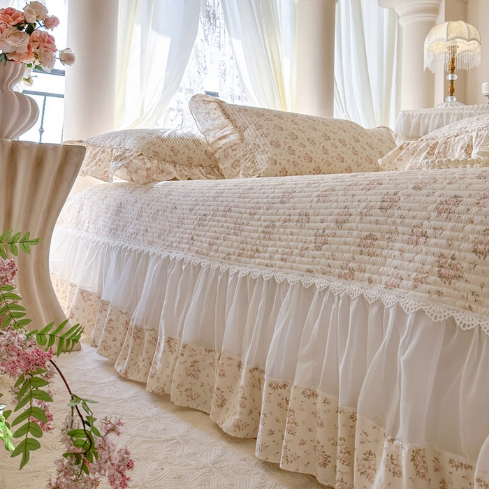 91家纺网 家纺一手货源 找家纺 瑞宝 2026新款全棉法式田园风玻璃纱床盖三件套 淡桔