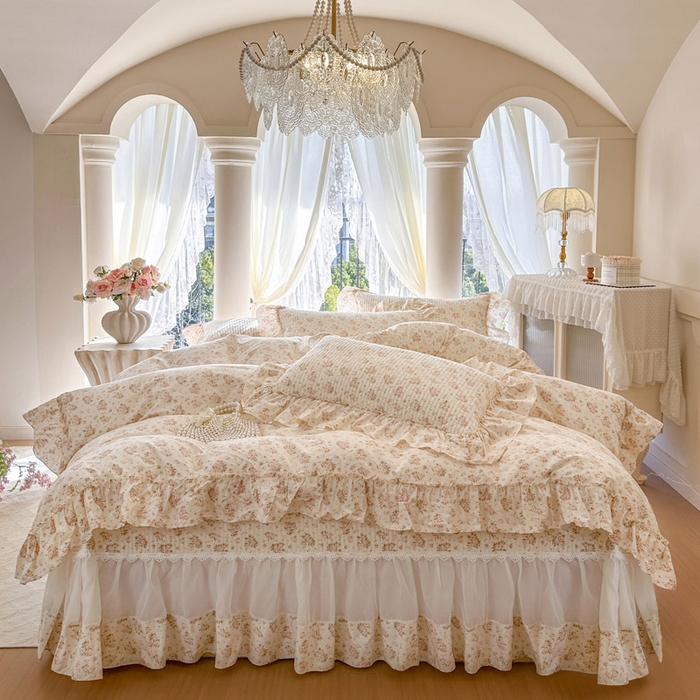 91家纺网 家纺一手货源 找家纺 瑞宝 2026新款全棉法式田园风玻璃纱床盖三件套 淡桔