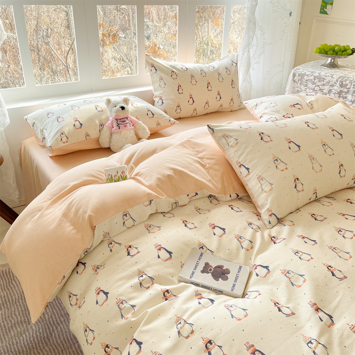 91家纺网 家纺一手货源 找家纺 名兮家居 2026新款A类全棉棉麻四件套 企鹅派对