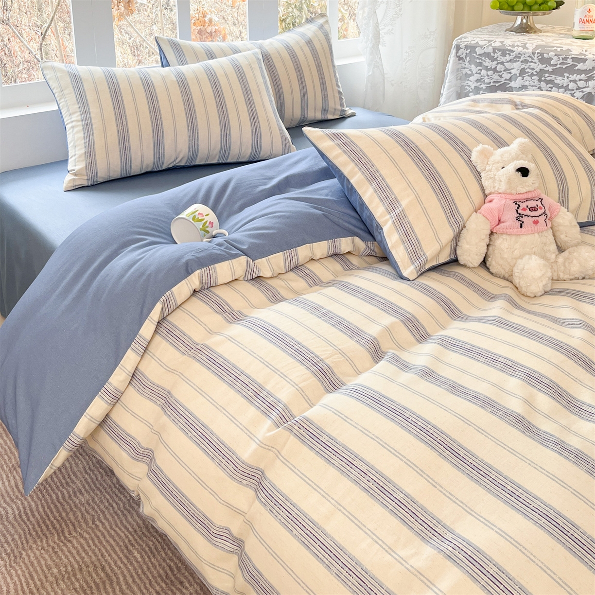 91家纺网 家纺一手货源 找家纺 名兮家居 2026新款A类全棉棉麻四件套 蓝调