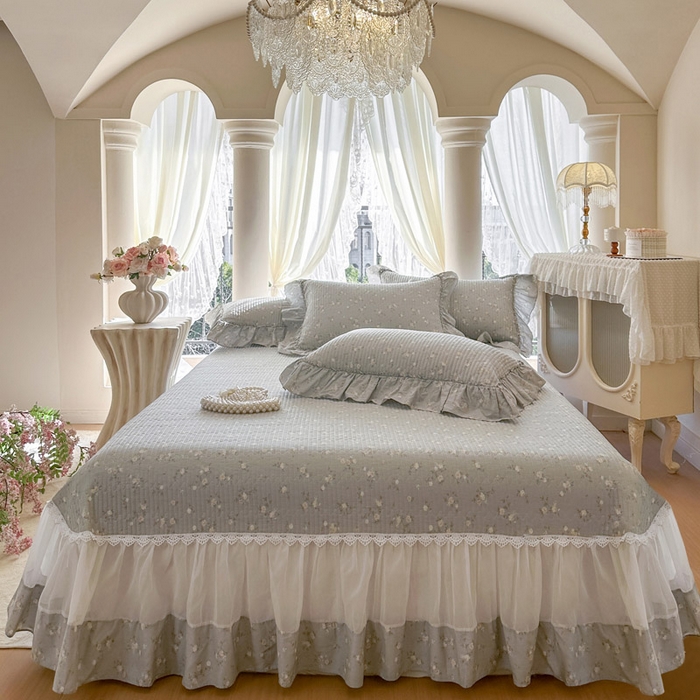 瑞宝 2026新款全棉法式田园风玻璃纱床盖三件套 颂青