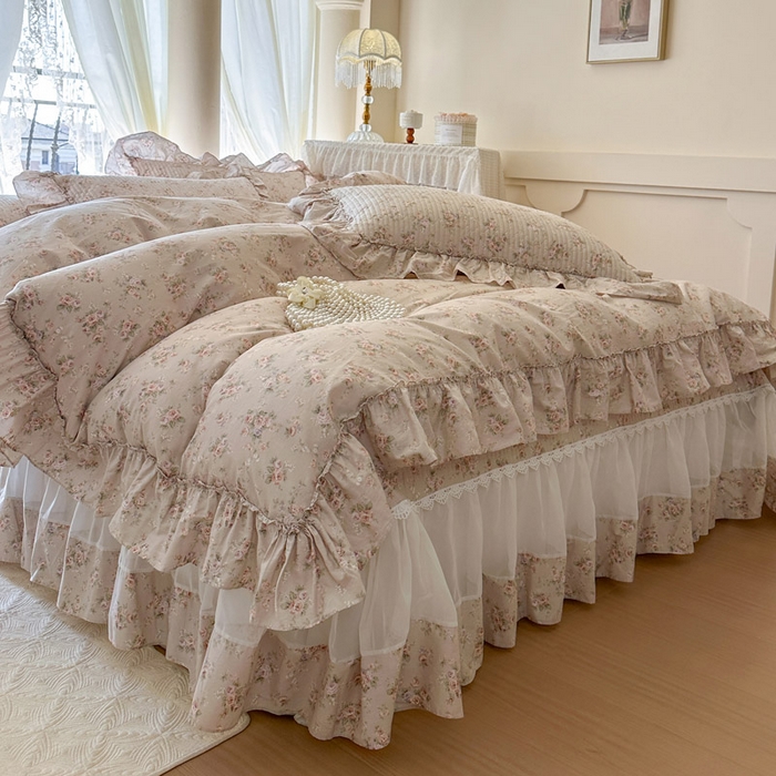 91家纺网 家纺一手货源 找家纺 瑞宝 2026新款全棉法式田园风玻璃纱床盖三件套 南湘