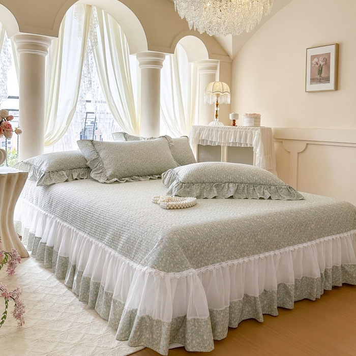 91家纺网 家纺一手货源 找家纺 瑞宝 2026新款全棉法式田园风玻璃纱床盖三件套 绿茵