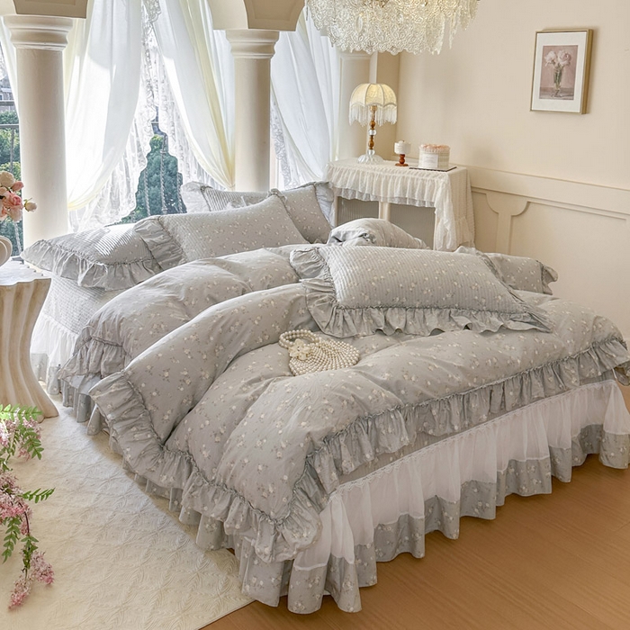 91家纺网 家纺一手货源 找家纺 瑞宝 2026新款全棉法式田园风玻璃纱床盖三件套 颂青