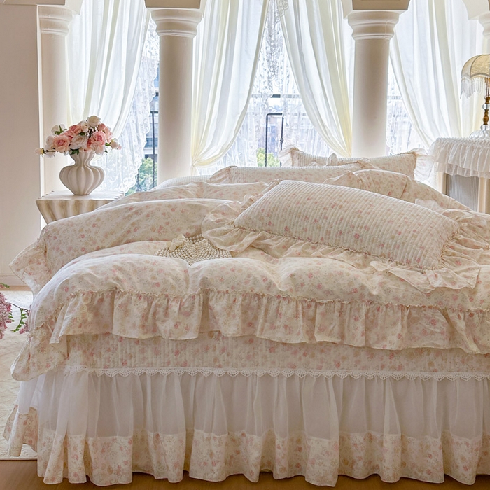 91家纺网 家纺一手货源 找家纺 瑞宝 2026新款全棉法式田园风玻璃纱床盖三件套 花境