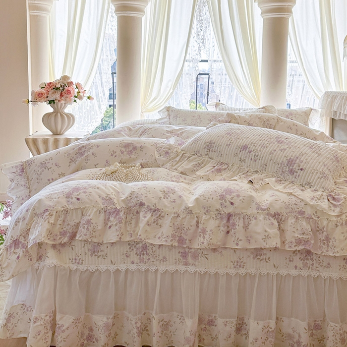 91家纺网 家纺一手货源 找家纺 瑞宝 2026新款全棉法式田园风玻璃纱床盖三件套 樱洛