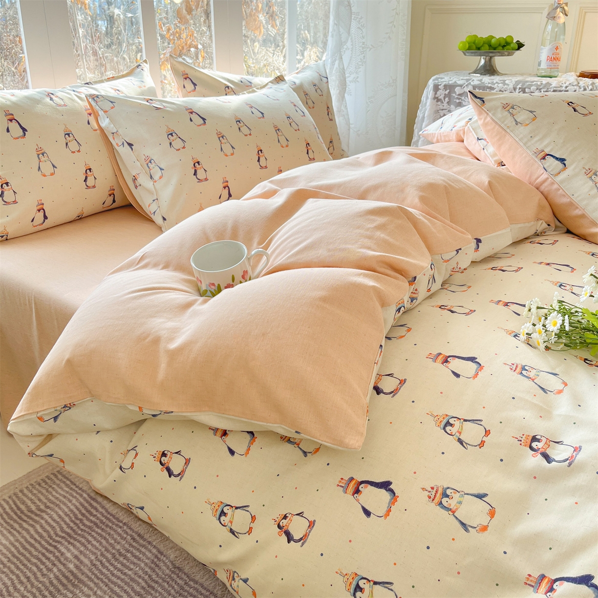 91家纺网 家纺一手货源 找家纺 名兮家居 2026新款A类全棉棉麻四件套 企鹅派对