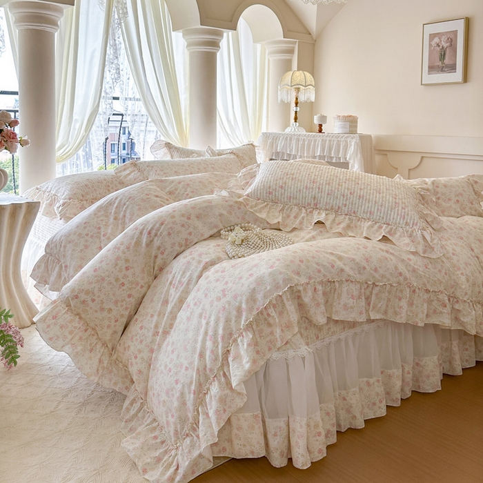 91家纺网 家纺一手货源 找家纺 瑞宝 2026新款全棉法式田园风玻璃纱床盖三件套 花境