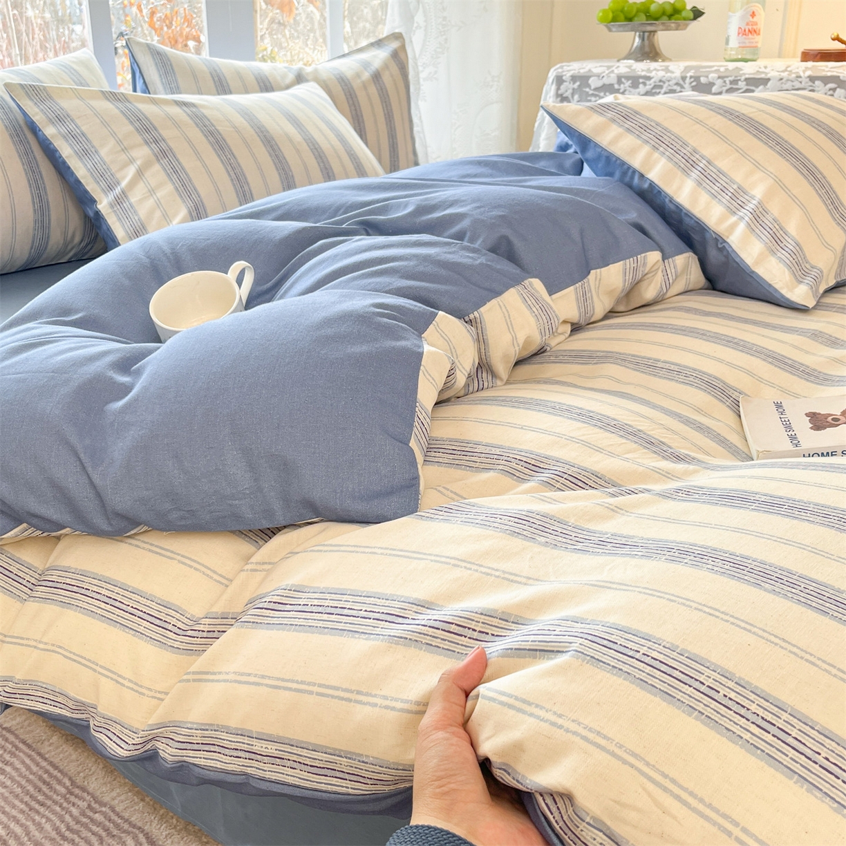 91家纺网 家纺一手货源 找家纺 名兮家居 2026新款A类全棉棉麻四件套 蓝调