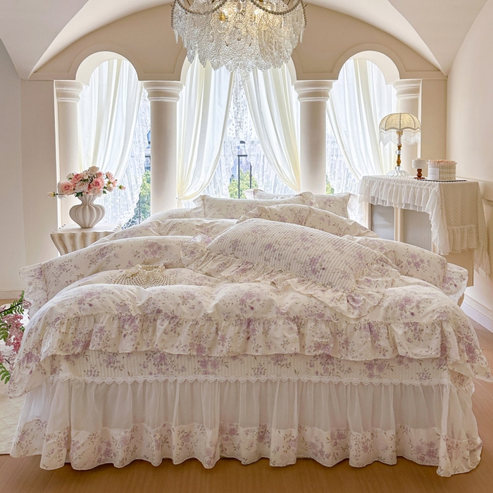 91家纺网 家纺一手货源 找家纺 瑞宝 2026新款全棉法式田园风玻璃纱床盖三件套 樱洛