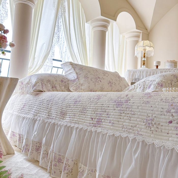91家纺网 家纺一手货源 找家纺 瑞宝 2026新款全棉法式田园风玻璃纱床盖三件套 樱洛