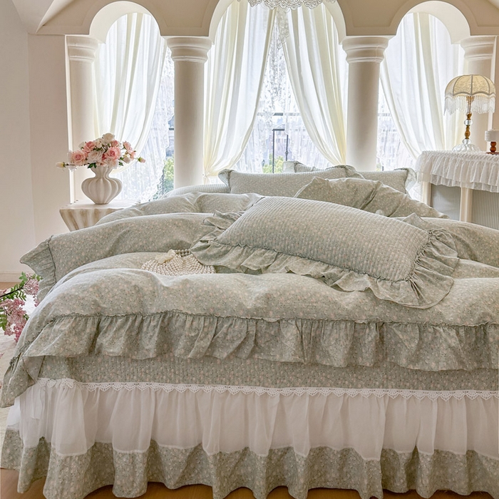 91家纺网 家纺一手货源 找家纺 瑞宝 2026新款全棉法式田园风玻璃纱床盖三件套 绿茵