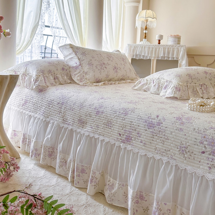 91家纺网 家纺一手货源 找家纺 瑞宝 2026新款全棉法式田园风玻璃纱床盖三件套 樱洛