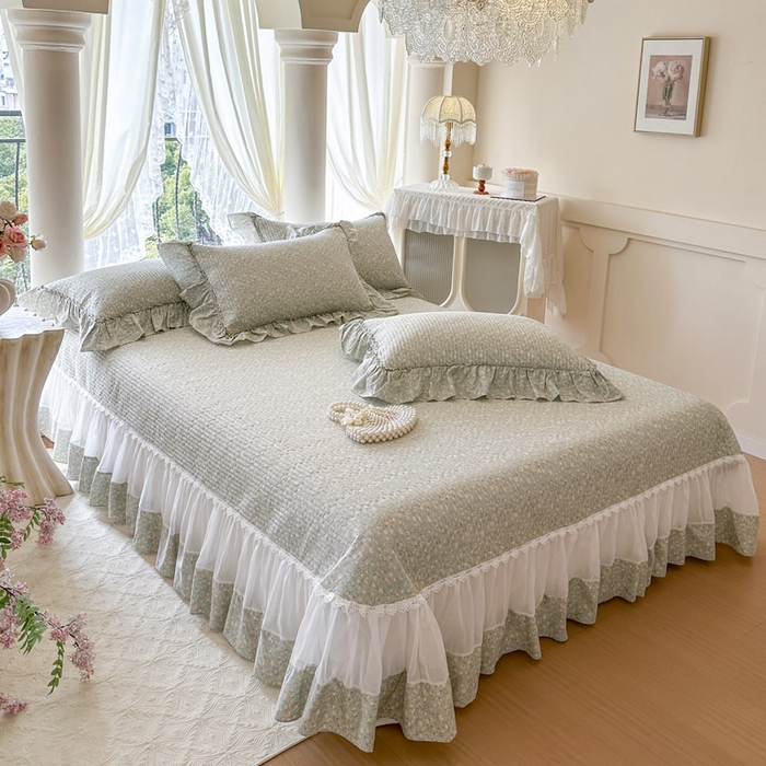 91家纺网 家纺一手货源 找家纺 瑞宝 2026新款全棉法式田园风玻璃纱床盖三件套 绿茵