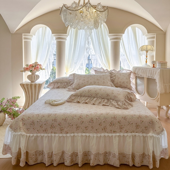 瑞宝 2026新款全棉法式田园风玻璃纱床盖三件套 南湘