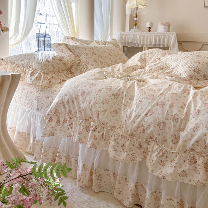 91家纺网 家纺一手货源 找家纺 瑞宝 2026新款全棉法式田园风玻璃纱床盖三件套 淡桔