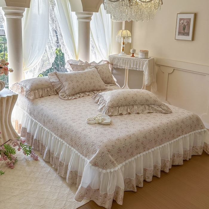 91家纺网 家纺一手货源 找家纺 瑞宝 2026新款全棉法式田园风玻璃纱床盖三件套 南湘