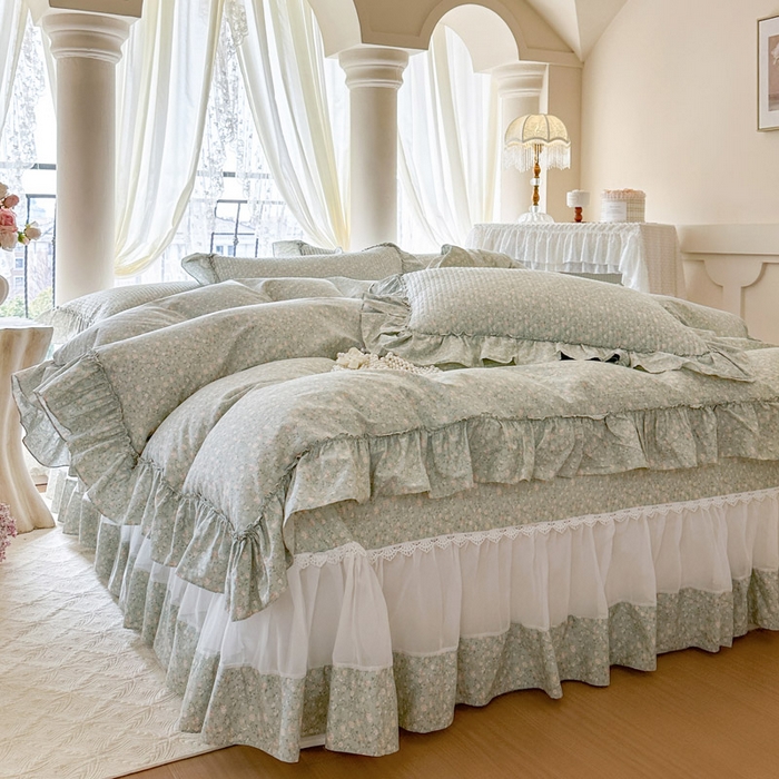 91家纺网 家纺一手货源 找家纺 瑞宝 2026新款全棉法式田园风玻璃纱床盖三件套 绿茵