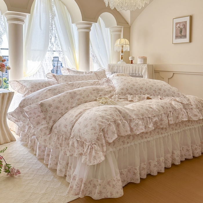 91家纺网 家纺一手货源 找家纺 瑞宝 2026新款全棉法式田园风玻璃纱床盖三件套 简宁