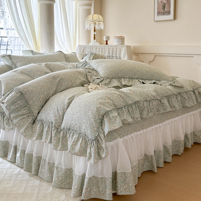 91家纺网 家纺一手货源 找家纺 瑞宝 2026新款全棉法式田园风玻璃纱床盖三件套 绿茵