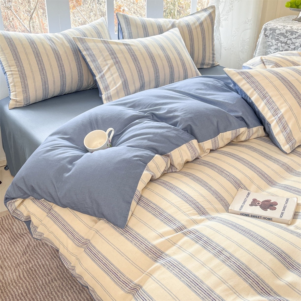 91家纺网 家纺一手货源 找家纺 名兮家居 2026新款A类全棉棉麻四件套 蓝调