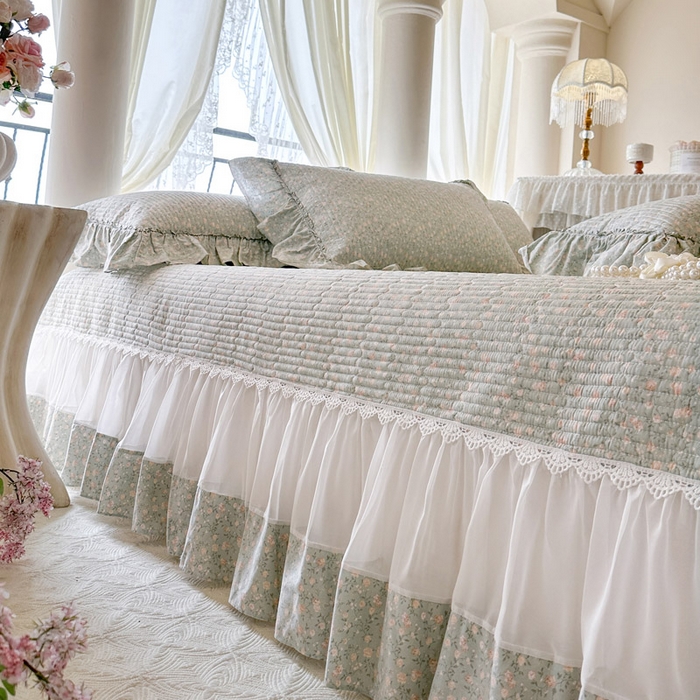 91家纺网 家纺一手货源 找家纺 瑞宝 2026新款全棉法式田园风玻璃纱床盖三件套 绿茵